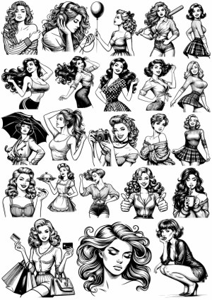Black and White Retro Women Vector Illustrations Collection Free Vector
