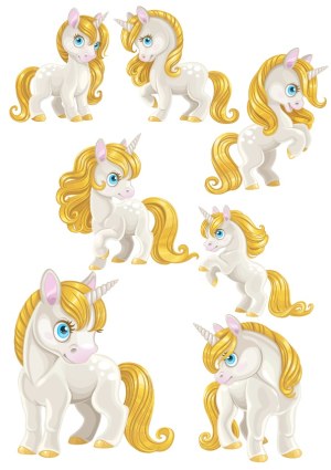 Cute Cartoon Unicorns Collection with Golden Manes Free Vector