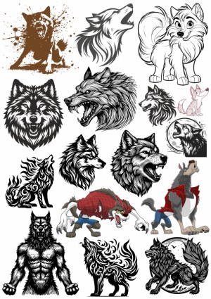 Collection of Wolf and Werewolf Vector Illustrations Free Vector