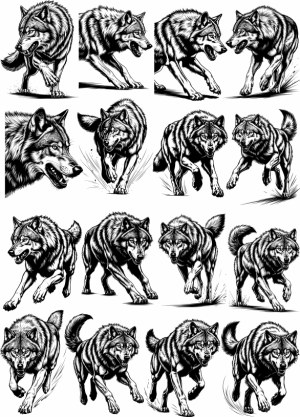 Detailed Black and White Vector Illustrations of Wolves in Various Poses Free Vector