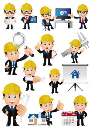 Engineer Cartoon Character Set with Construction and Architecture Tools Free Vector