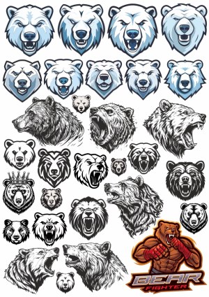 Collection of Bear Head Illustrations and Emblems Free Vector