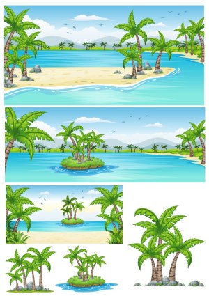 Tropical Island and Palm Tree Vector Set Free Vector