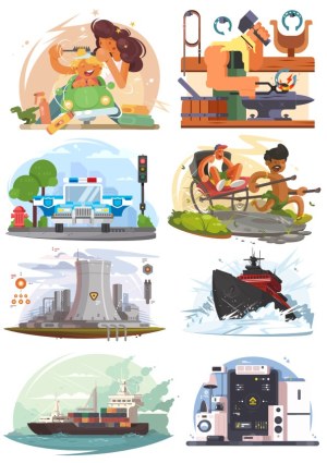 Varied Cartoon Illustrations Including Barber, Blacksmith, Police Car, Rickshaw Race, Factory, Icebreaker Ship, Cargo Ship, and Smart Home Free Vector