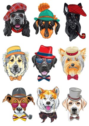 Funny Dogs Portraits in Various Stylish Hats and Accessories Free Vector