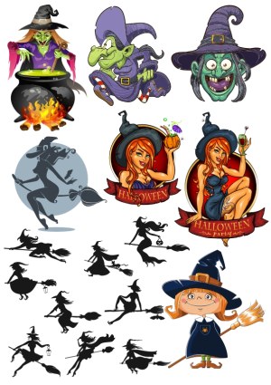 Diverse Witch Illustrations and Silhouettes for Halloween Free Vector