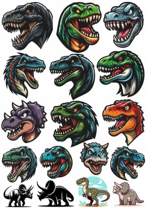 Set of Fierce Dinosaur and Prehistoric Creature Vector Portraits Free Vector