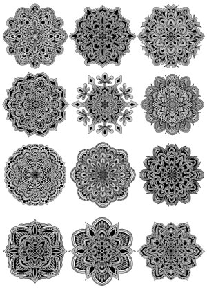 Set of Twelve Detailed Mandala Vector Designs in Black and White Free Vector
