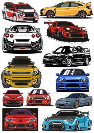 Set of Vector Illustrations Featuring Various Sports and Off-Road Cars Free Vector