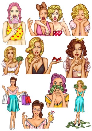 Illustrated Stylish Women Expressing Fun, Money, Shopping and Secrets Free Vector