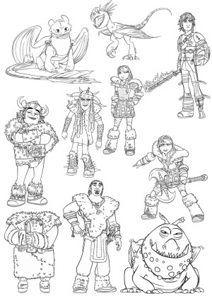 Black and White Line Art of Viking Characters and Dragons from Animated Fantasy Free Vector
