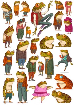 Collection of Cool Anthropomorphic Frog Characters in Various Outfits and Poses Free Vector