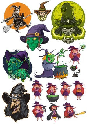 Collection of Halloween Witch Cartoon and Monster Vector Illustrations Free Vector