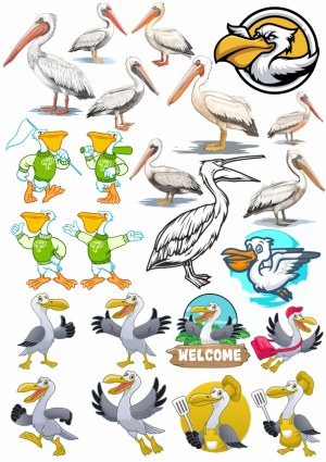 Pelican Bird Illustrations and Cartoon Mascots Collection Free Vector
