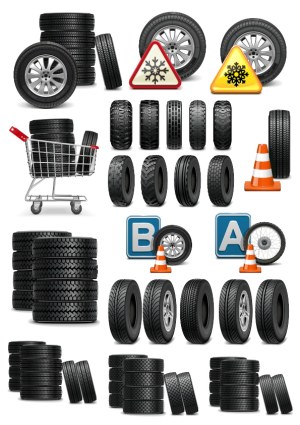 Collection of Various Vehicle Tires and Road Signs Vector Set Free Vector