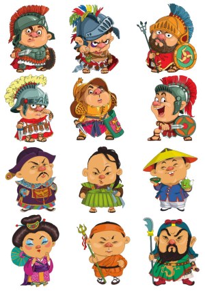Cartoon Characters in Ancient Warrior and Traditional Asian Costumes Free Vector