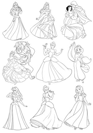 Outline Vector Illustrations of Classic Fairy Tale Princesses Free Vector