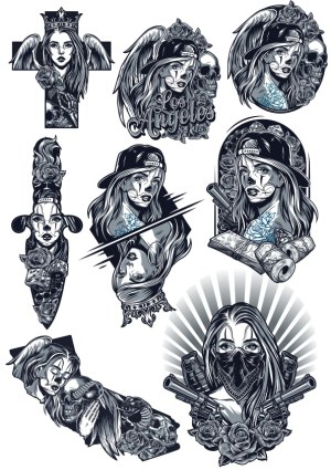 Chicano Style Tattoo Girl Vector Collection with Skulls and Roses Free Vector