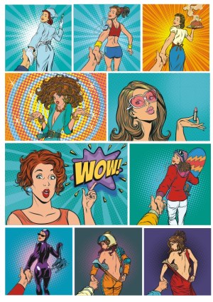 Pop Art Style Woman Characters with Hand-Holding Perspective Free Vector