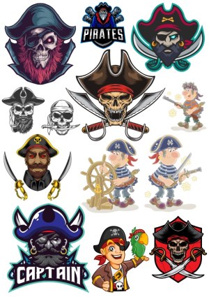 Collection of Pirate and Skull Captain Vector Illustrations Free Vector