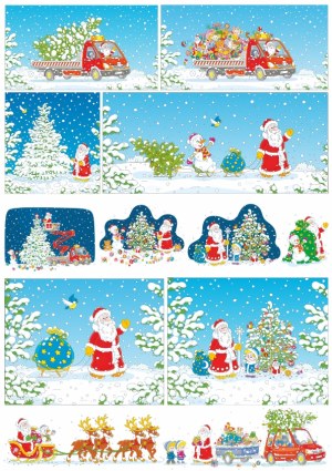Christmas and Winter Holiday Scenes with Santa Claus and Festive Decorations Free Vector