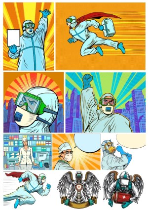 Comic Style Healthcare Workers in Protective Gear and Heroic Poses Free Vector