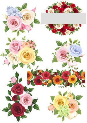 Colorful Rose Flower Bouquets and Borders Vector Set Free Vector