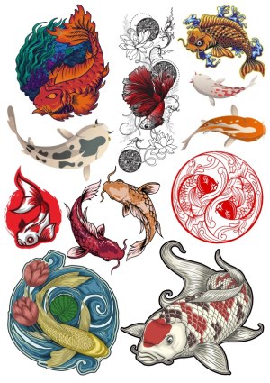 Colorful Koi Fish Collection with Asian Art Elements Free Vector