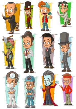 Set of 12 Cartoon Male Character Vectors in Different Costumes and Professions Free Vector