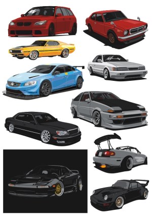 Vector Illustrations of Various Classic and Modern Cars Free Vector