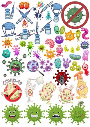 Cartoon Virus Characters with Vaccines and COVID-19 Prevention Icons Free Vector