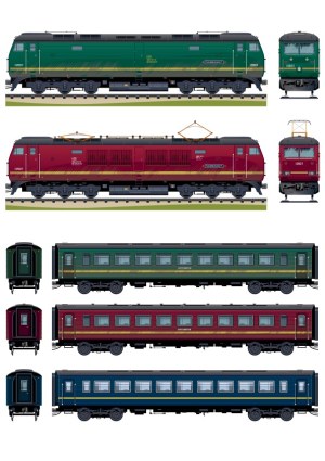 Detailed Vector Illustrations of Classic British Rail Locomotives and Passenger Coaches Free Vector