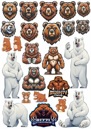 Diverse Cartoon and Mascot Bear and Grizzly Illustrations Free Vector