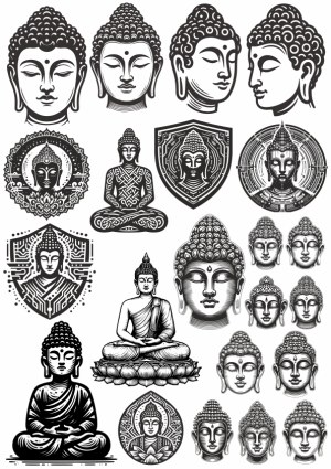 Vector Collection of Buddha Head and Sitting Meditative Poses Free Vector