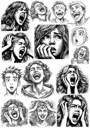 Collection of Expressive Black and White Emotive Faces Vector Illustrations Free Vector