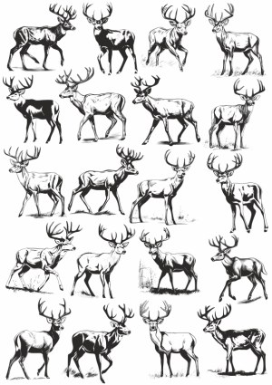 Set of Hand-Drawn Deer Silhouettes and Sketches Free Vector