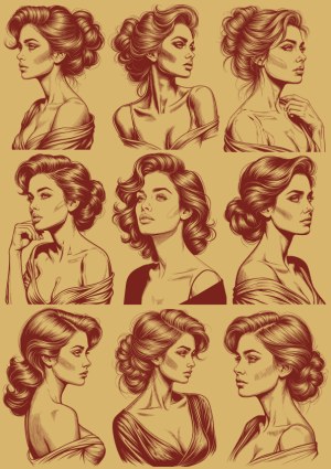 Collection of Nine Hand-Drawn Elegant Female Portraits in Profile and Three-Quarter View Free Vector