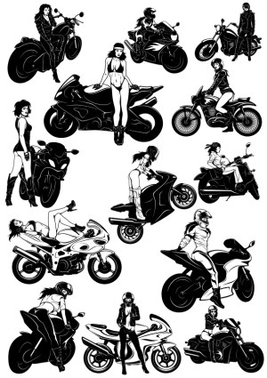 Black and White Vector Illustrations of Women with Motorcycles Free Vector