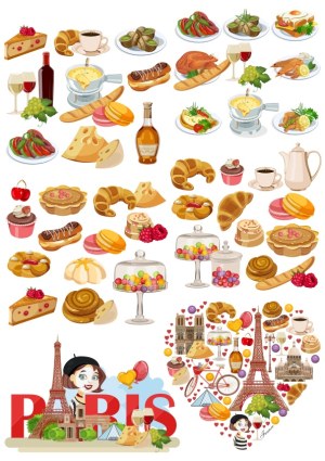 Paris French Food and Iconic Landmarks Vector Set Free Vector