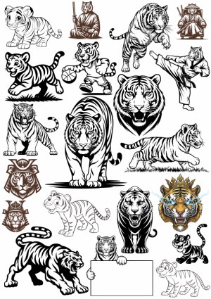 Collection of Tiger Illustrations and Samurai Figures Free Vector