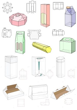 3D Vector Models and Blueprints of Various Packaging Boxes Free Vector