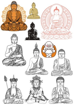 Vector Set of Various Buddha and Buddhist Deity Illustrations Free Vector