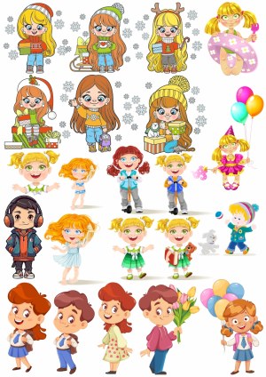 Cute Kids in Various Activities and Seasonal Outfits Vector Set Free Vector