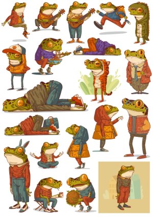 Cartoon Frog Characters in Various Poses and Outfits Free Vector