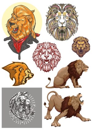 Set of Stylized Lion Head and Full-Body Vector Illustrations Free Vector
