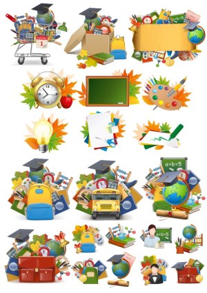 Back-to-School Education Vector Collection with Autumn Leaves and School Supplies Free Vector