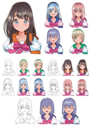 Anime Female Character Head Variations with Different Hair Colors and Expressions Free Vector