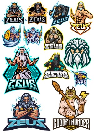 Set of Zeus and God of Thunder Gaming Mascot Logos Free Vector