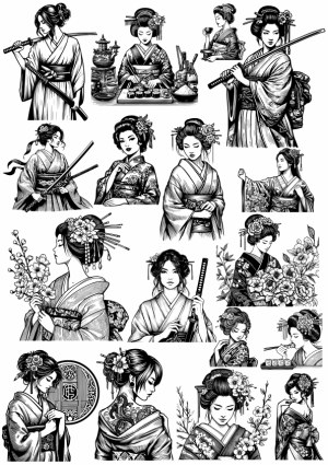 Black and White Vector Illustrations of Japanese Geisha and Samurai Women Free Vector