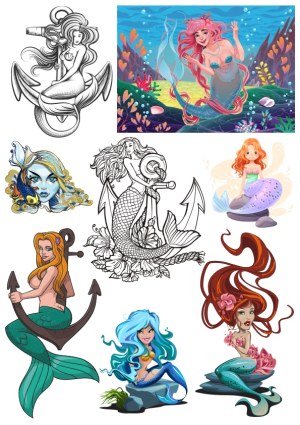 Collection of Colorful and Monochrome Mermaid Illustrations with Anchors and Underwater Themes Free Vector